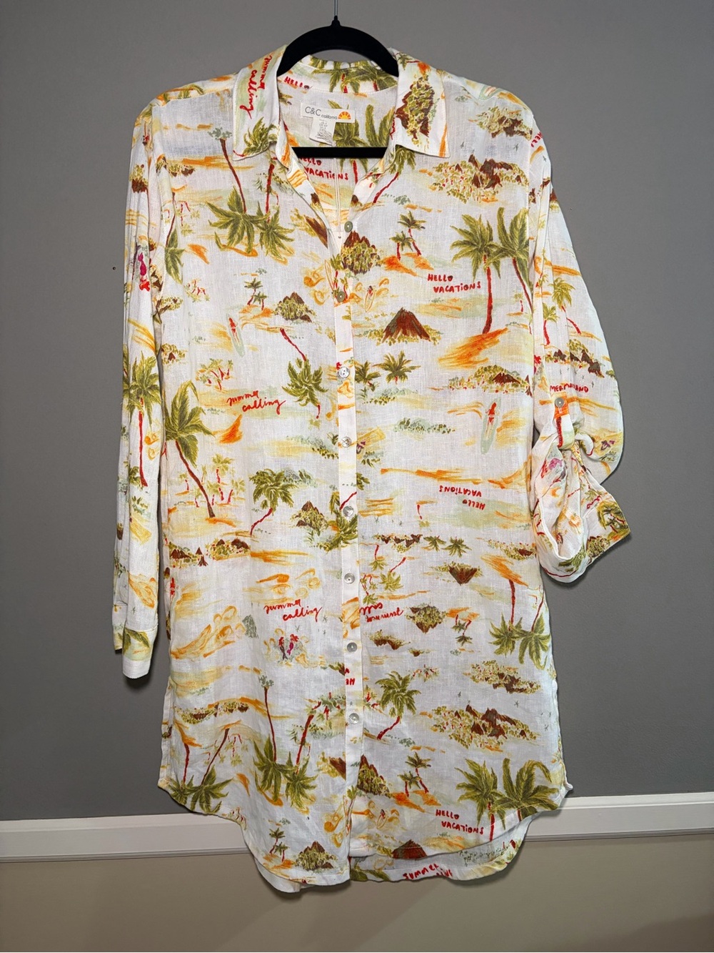 C&C California Beachwear Linen Blend Tropical Print Button Tunic Shirt Dress NWT